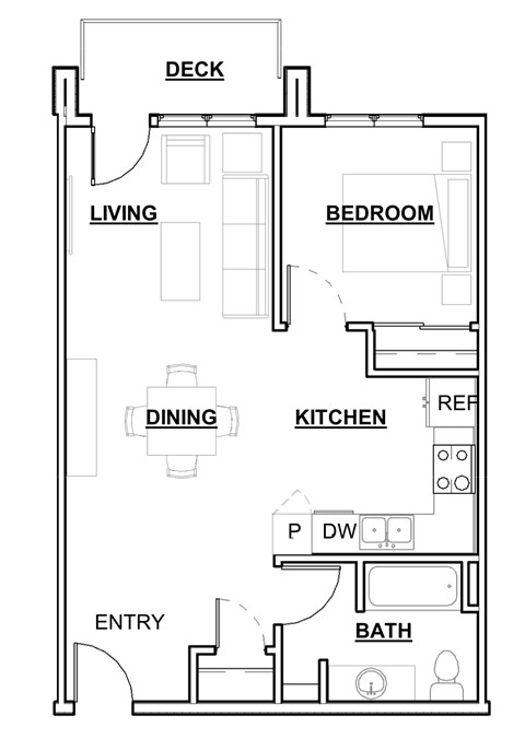 Floor plan for 1 bed, 1 bath, 697 sqft
